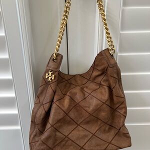 Tory Burch Brown Leather Shoulder Bag with Gold Chain
